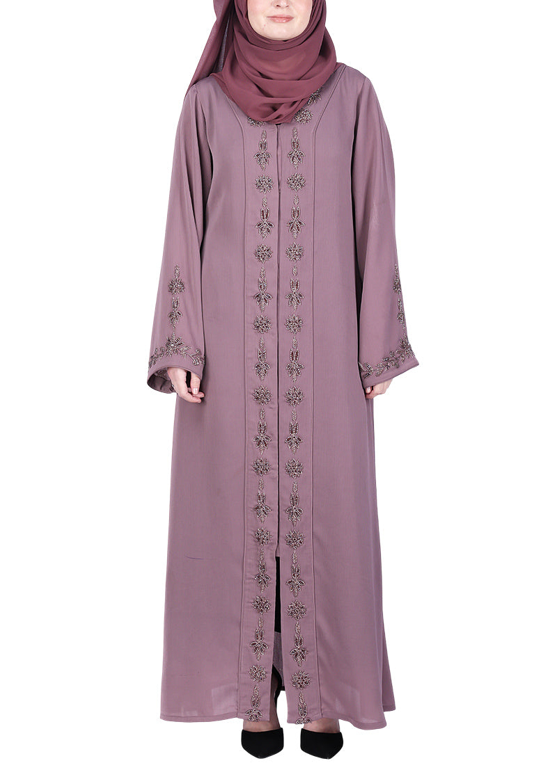 BeingMuslims Purple Abaya with Rich Intricate Hand Embroidery