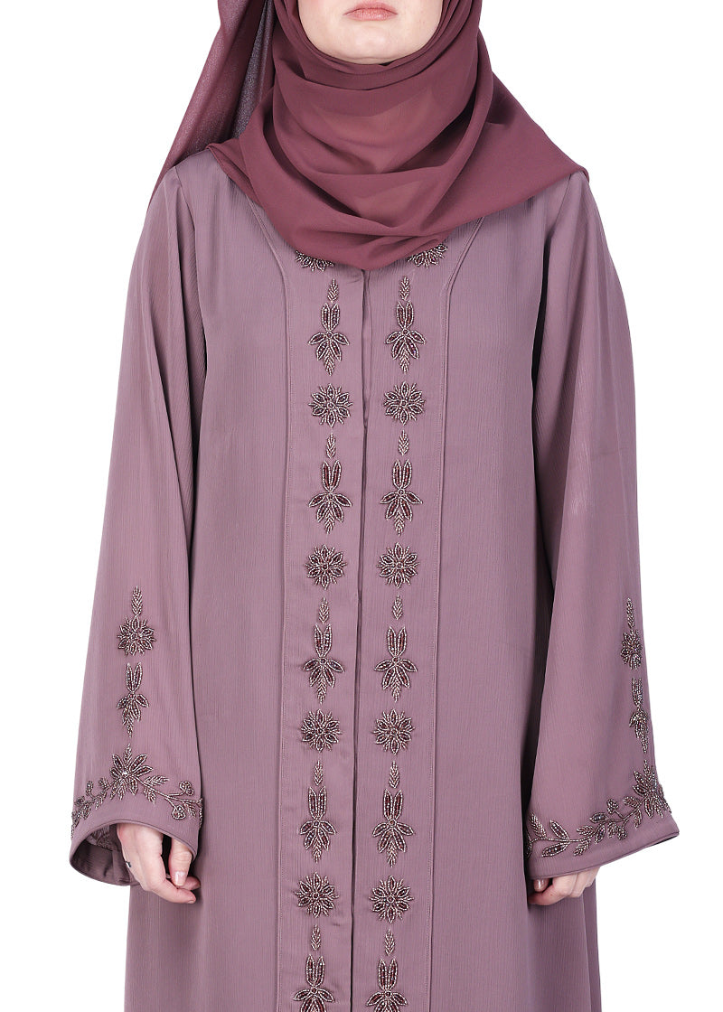 BeingMuslims Purple Abaya with Rich Intricate Hand Embroidery