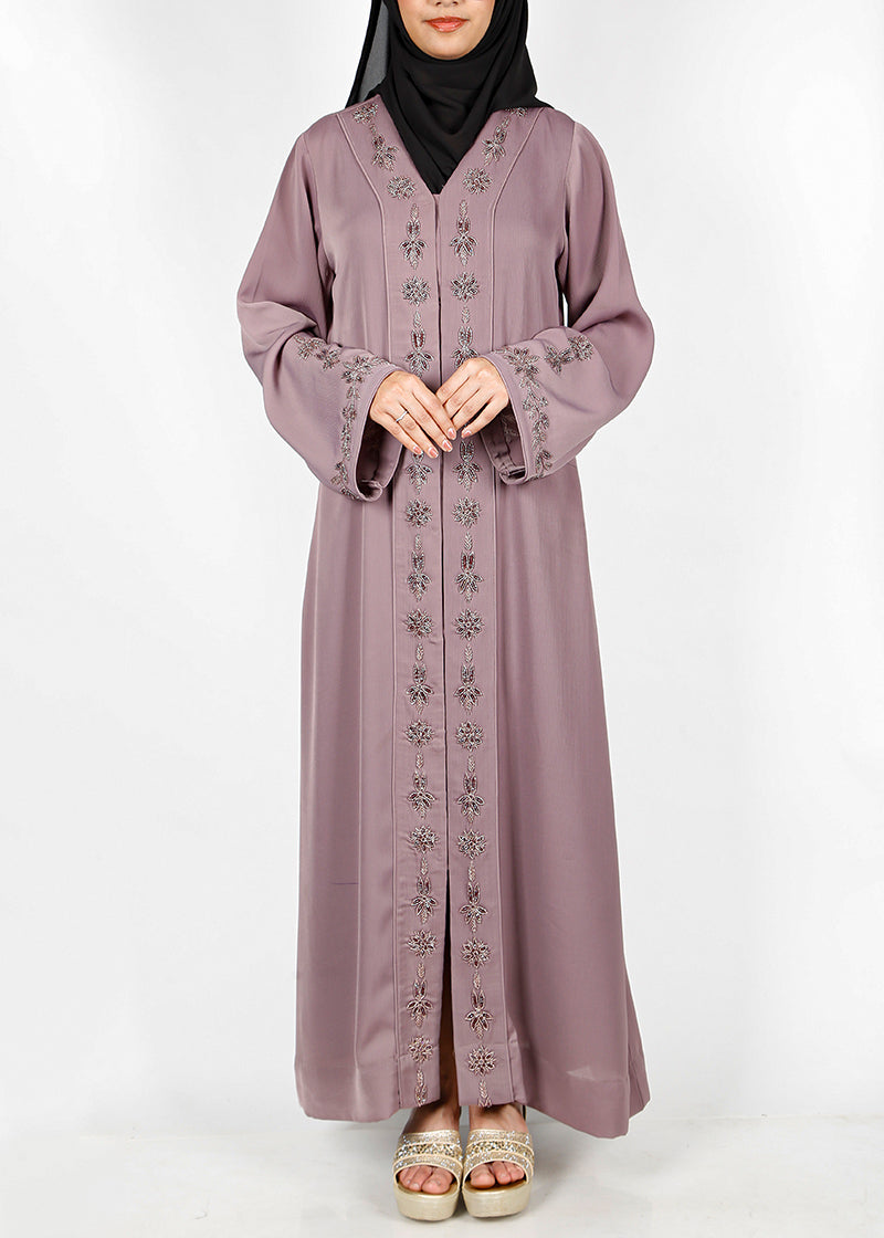 BeingMuslims Light Purple Abaya with Rich Intricate Hand Embroidery