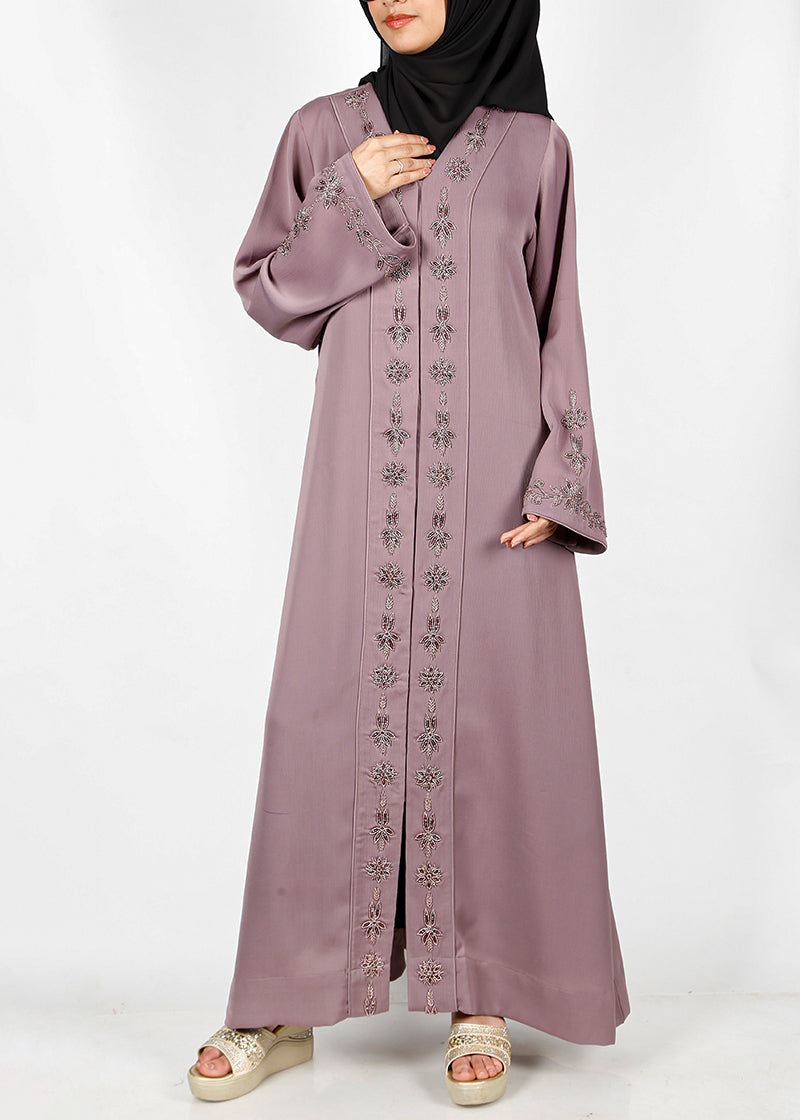 BeingMuslims Light Purple Abaya with Rich Intricate Hand Embroidery