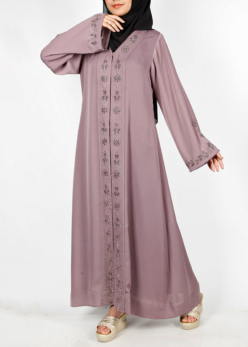 BeingMuslims Light Purple Abaya with Rich Intricate Hand Embroidery