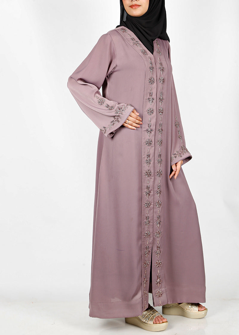 BeingMuslims Light Purple Abaya with Rich Intricate Hand Embroidery