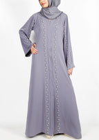 BeingMuslims Graceful Light Grey Abaya with Beautiful Pearl Hand Embroidery