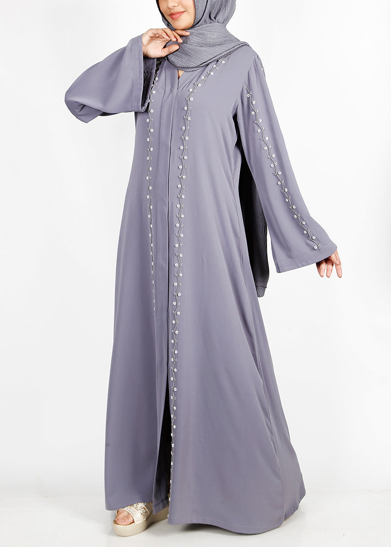 BeingMuslims Graceful Light Grey Abaya with Beautiful Pearl Hand Embroidery