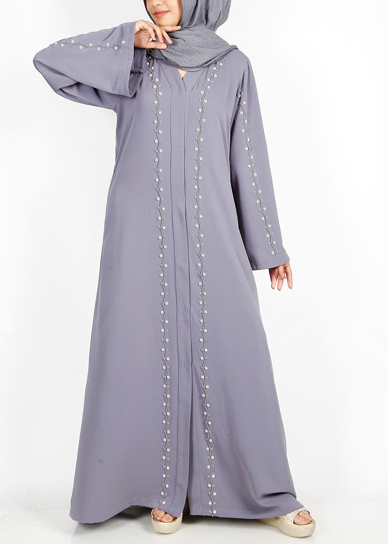 BeingMuslims Graceful Light Grey Abaya with Beautiful Pearl Hand Embroidery