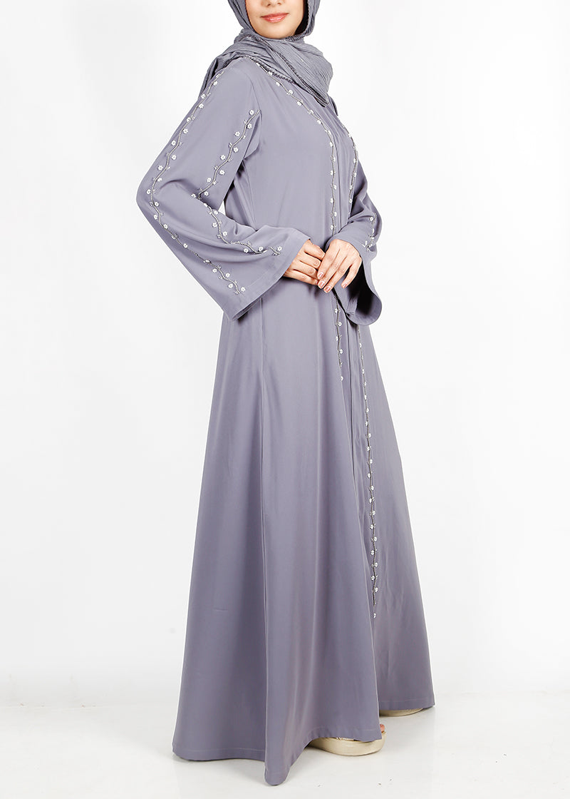 BeingMuslims Graceful Light Grey Abaya with Beautiful Pearl Hand Embroidery