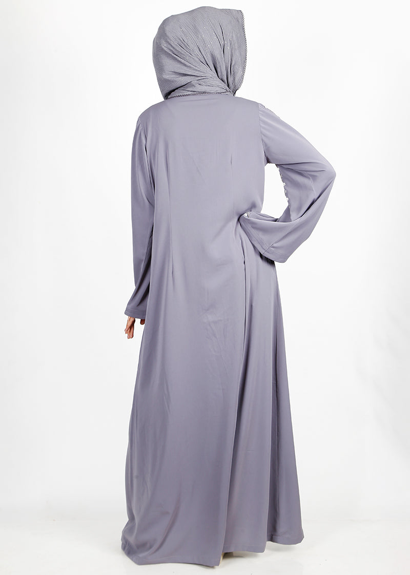BeingMuslims Graceful Light Grey Abaya with Beautiful Pearl Hand Embroidery