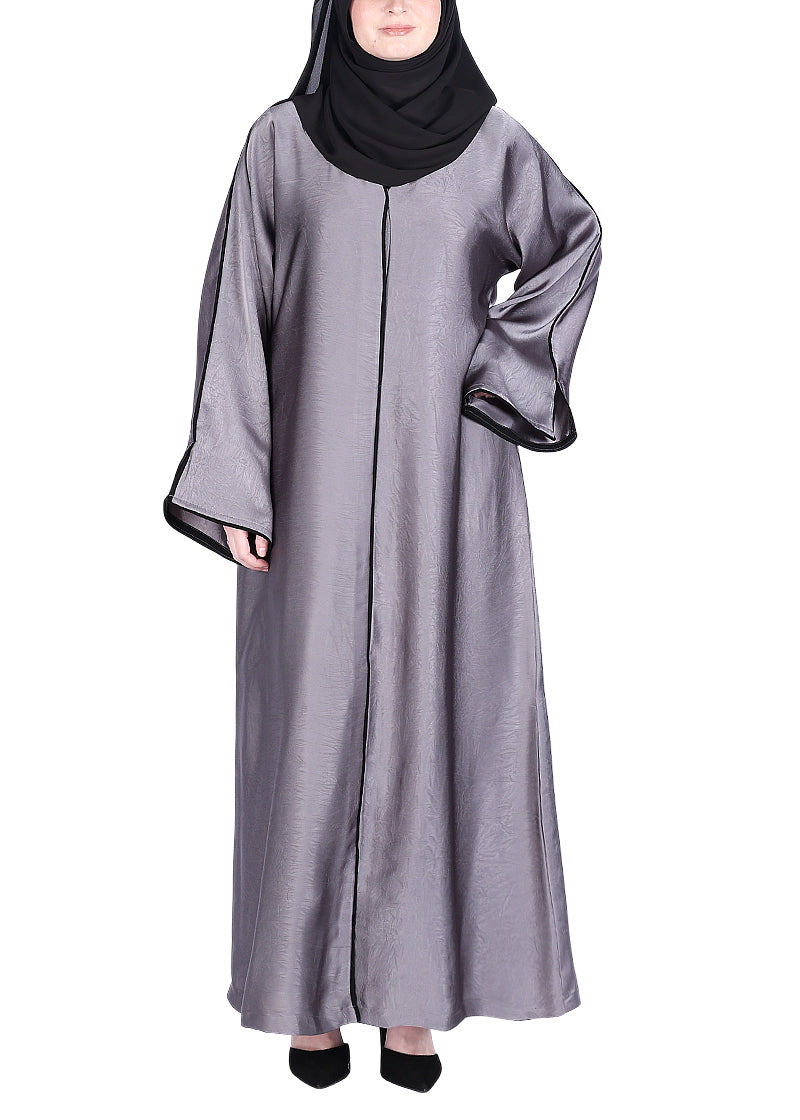 BeingMuslims Gleaming Dark Grey Elite Crush Abaya with Piping