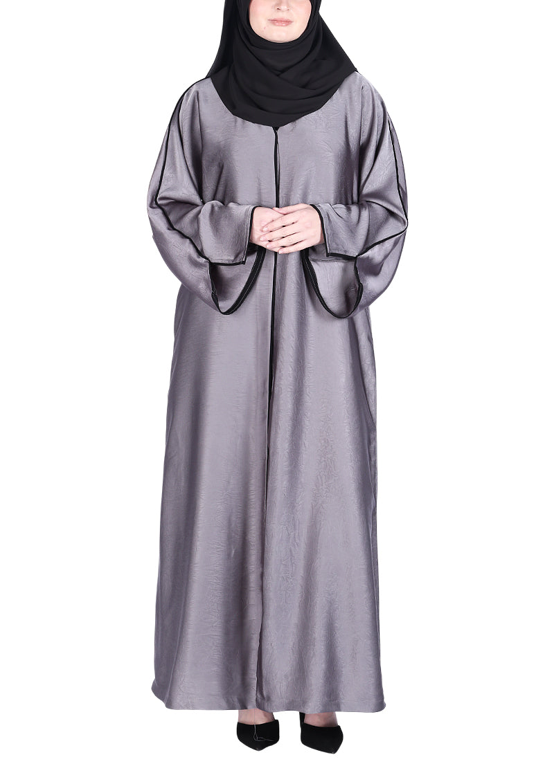 BeingMuslims Gleaming Dark Grey Elite Crush Abaya with Piping
