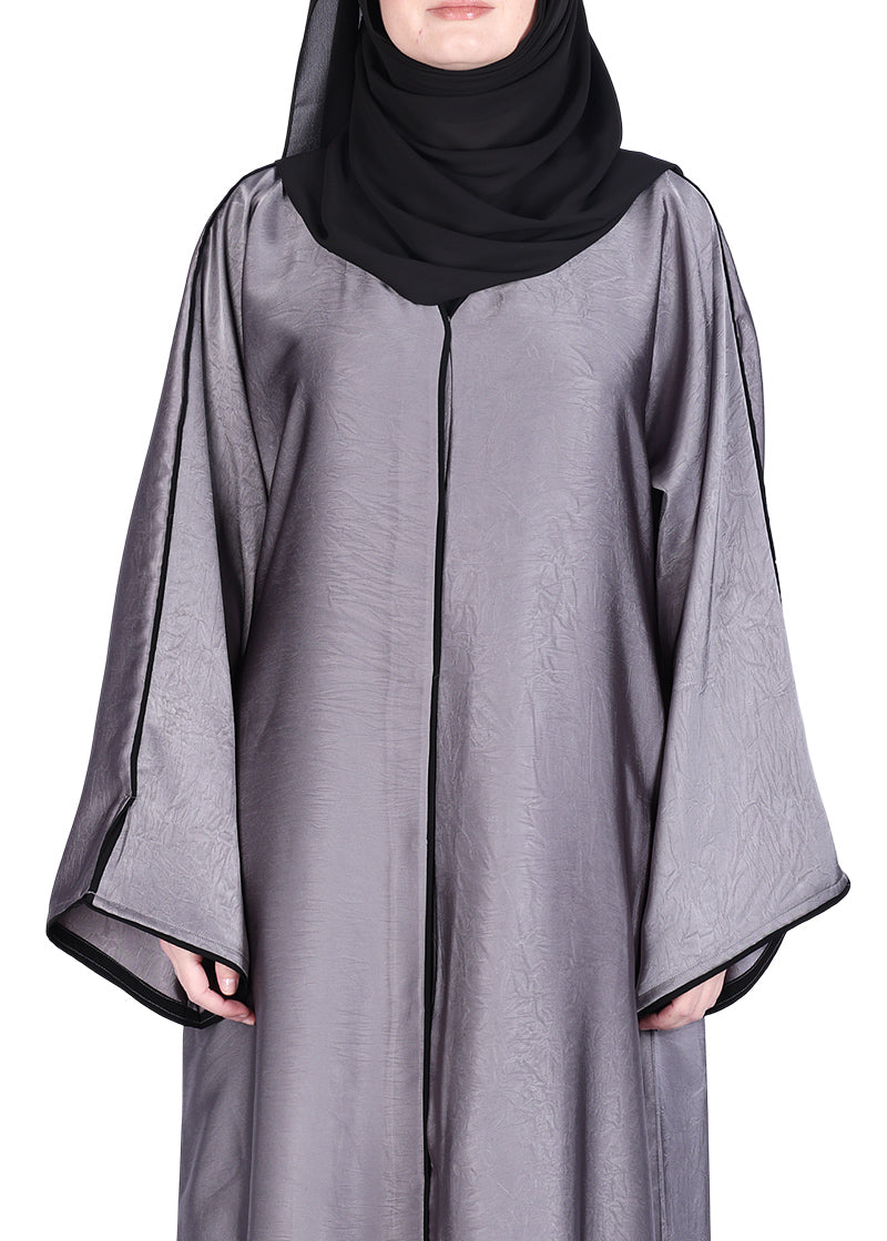 BeingMuslims Gleaming Dark Grey Elite Crush Abaya with Piping