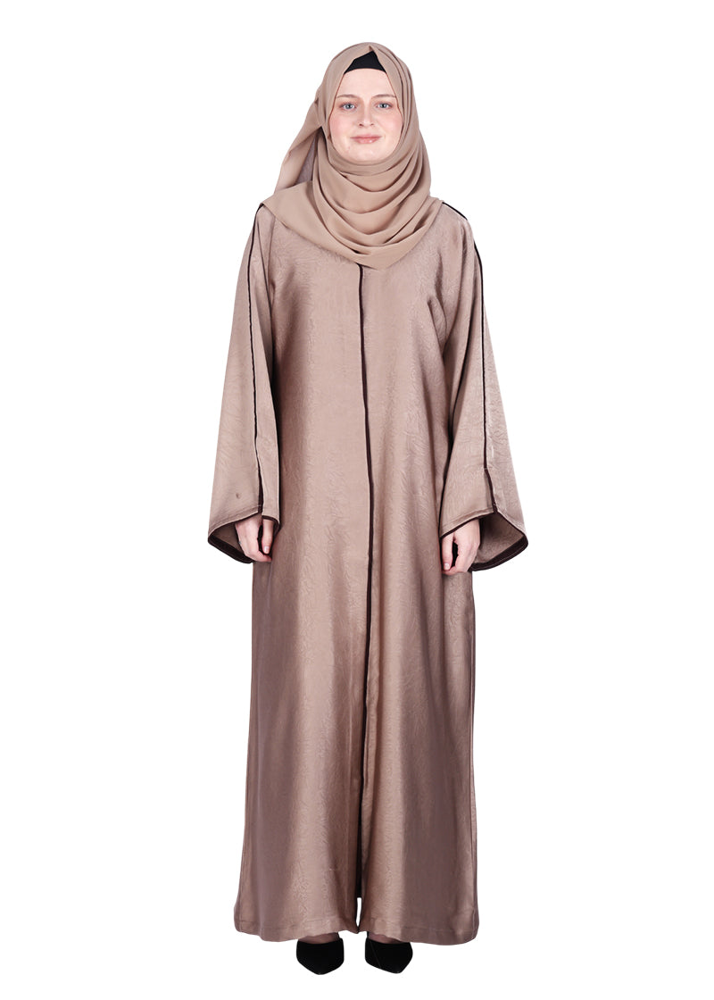 BeingMuslims Gleaming Oak Brown Elite Crush Abaya with Piping