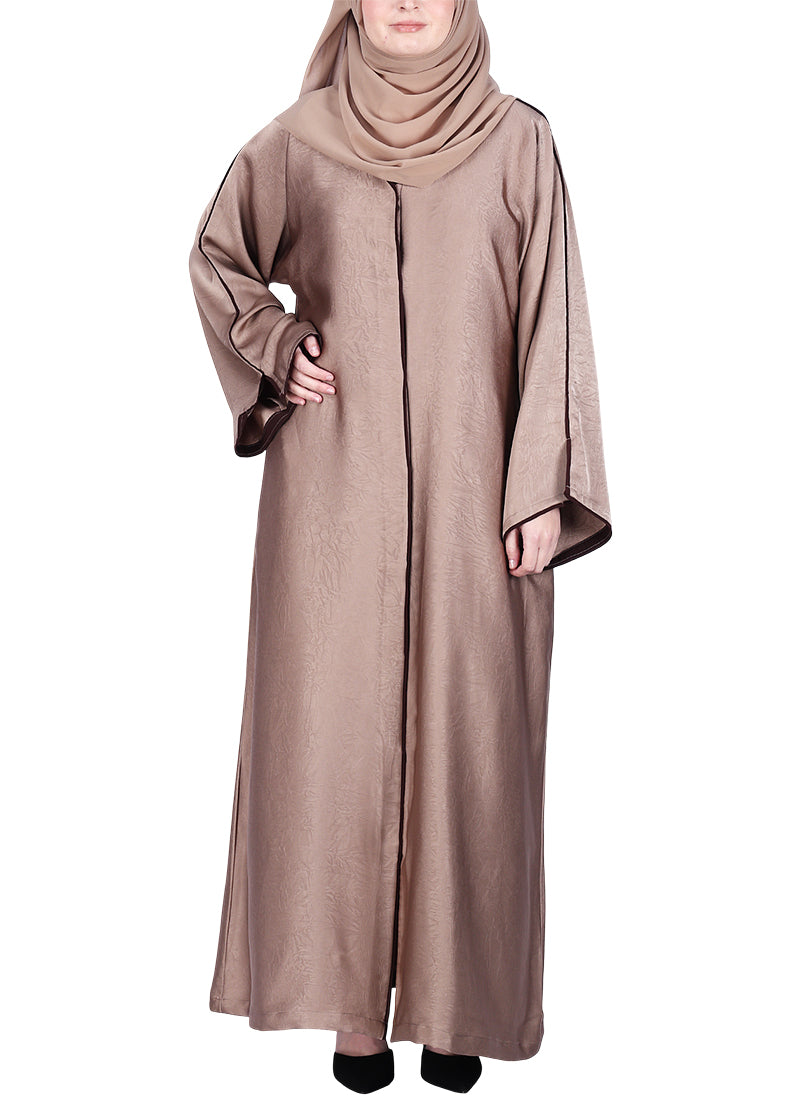 BeingMuslims Gleaming Oak Brown Elite Crush Abaya with Piping