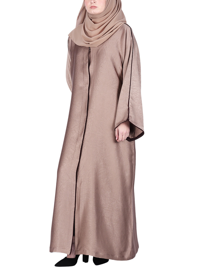 BeingMuslims Gleaming Oak Brown Elite Crush Abaya with Piping