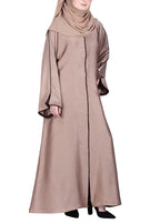 BeingMuslims Gleaming Oak Brown Elite Crush Abaya with Piping