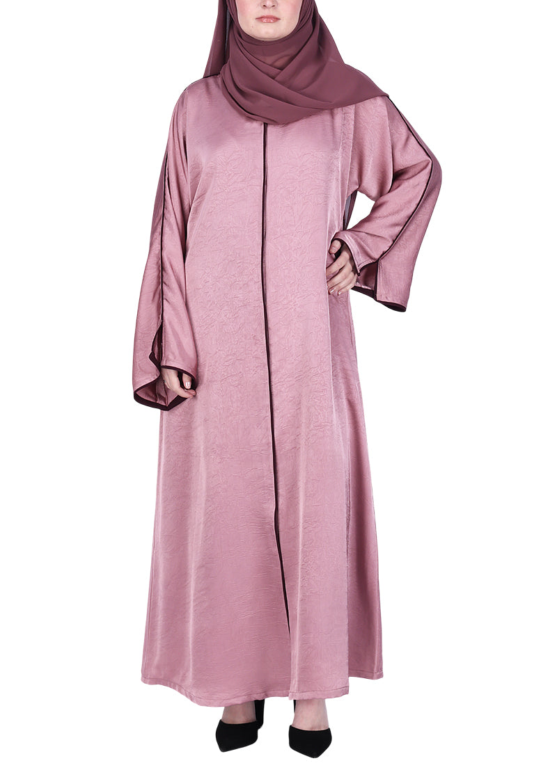 BeingMuslims Gleaming Onion Pink Elite Crush Abaya with Piping