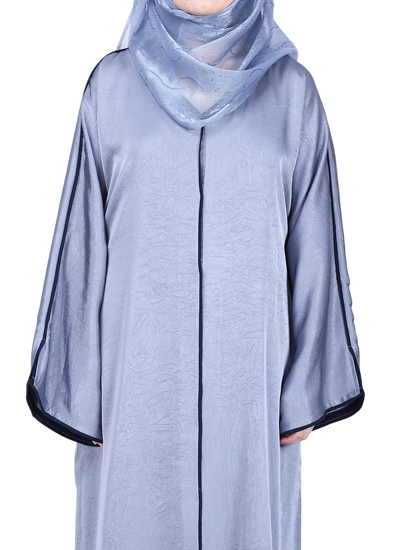 BeingMuslims Gleaming Silver Elite Crush Abaya with Piping