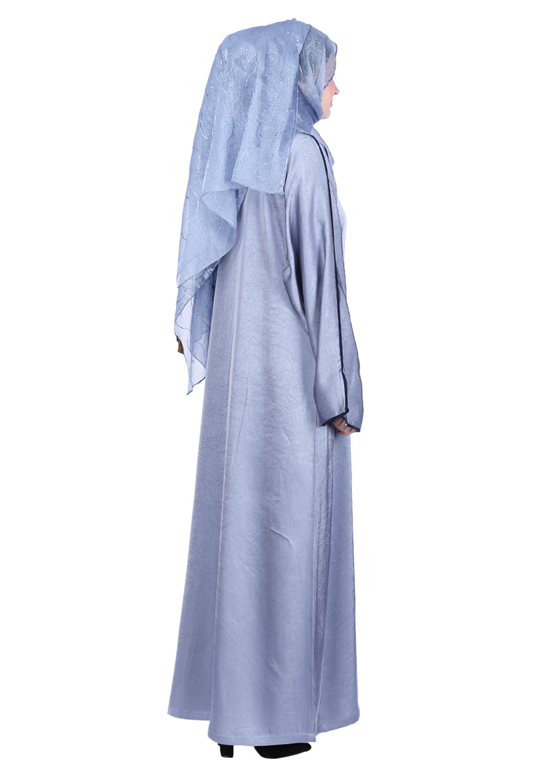 BeingMuslims Gleaming Silver Elite Crush Abaya with Piping