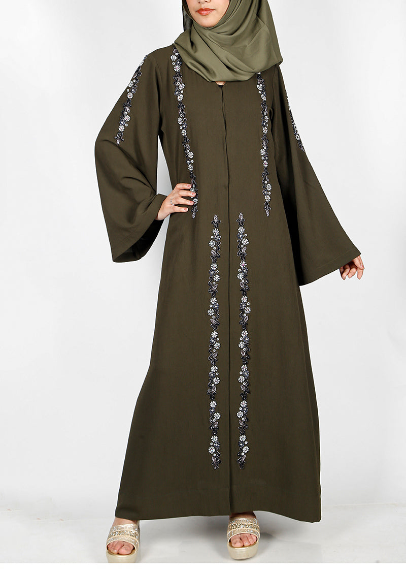 BeingMuslims Dark Olive Abaya with Magnificent Floral Bead Work