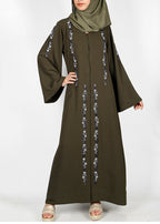 BeingMuslims Dark Olive Abaya with Magnificent Floral Bead Work