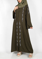 BeingMuslims Dark Olive Abaya with Magnificent Floral Bead Work