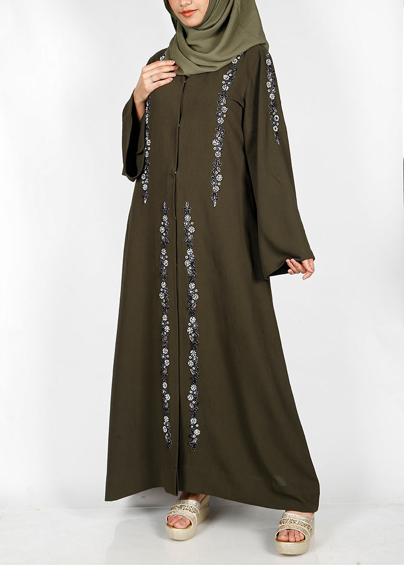 BeingMuslims Dark Olive Abaya with Magnificent Floral Bead Work