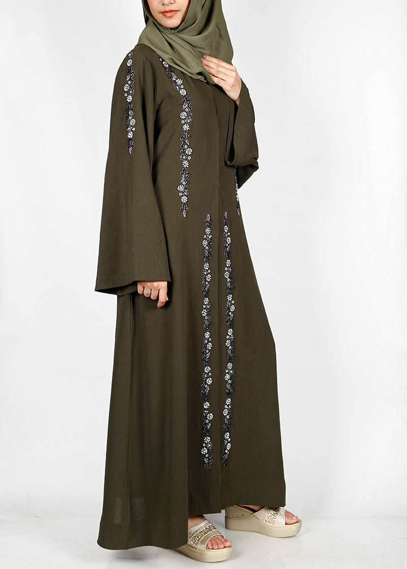 BeingMuslims Dark Olive Abaya with Magnificent Floral Bead Work