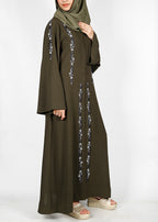 BeingMuslims Dark Olive Abaya with Magnificent Floral Bead Work