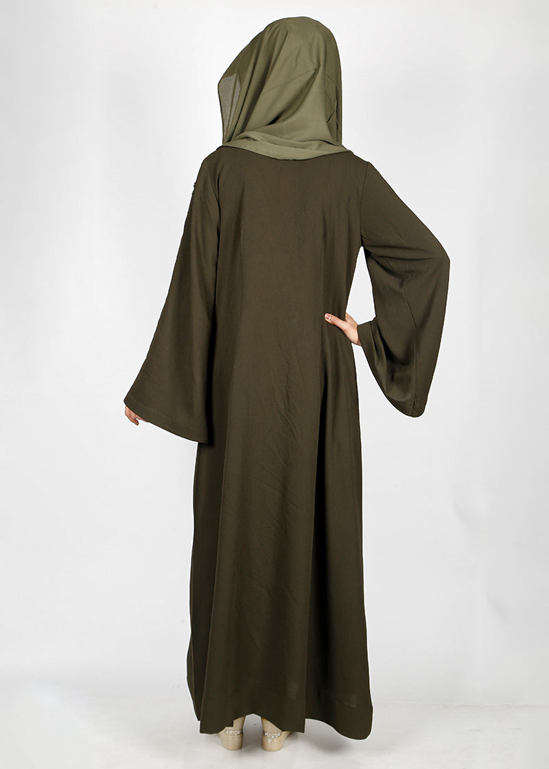 BeingMuslims Dark Olive Abaya with Magnificent Floral Bead Work