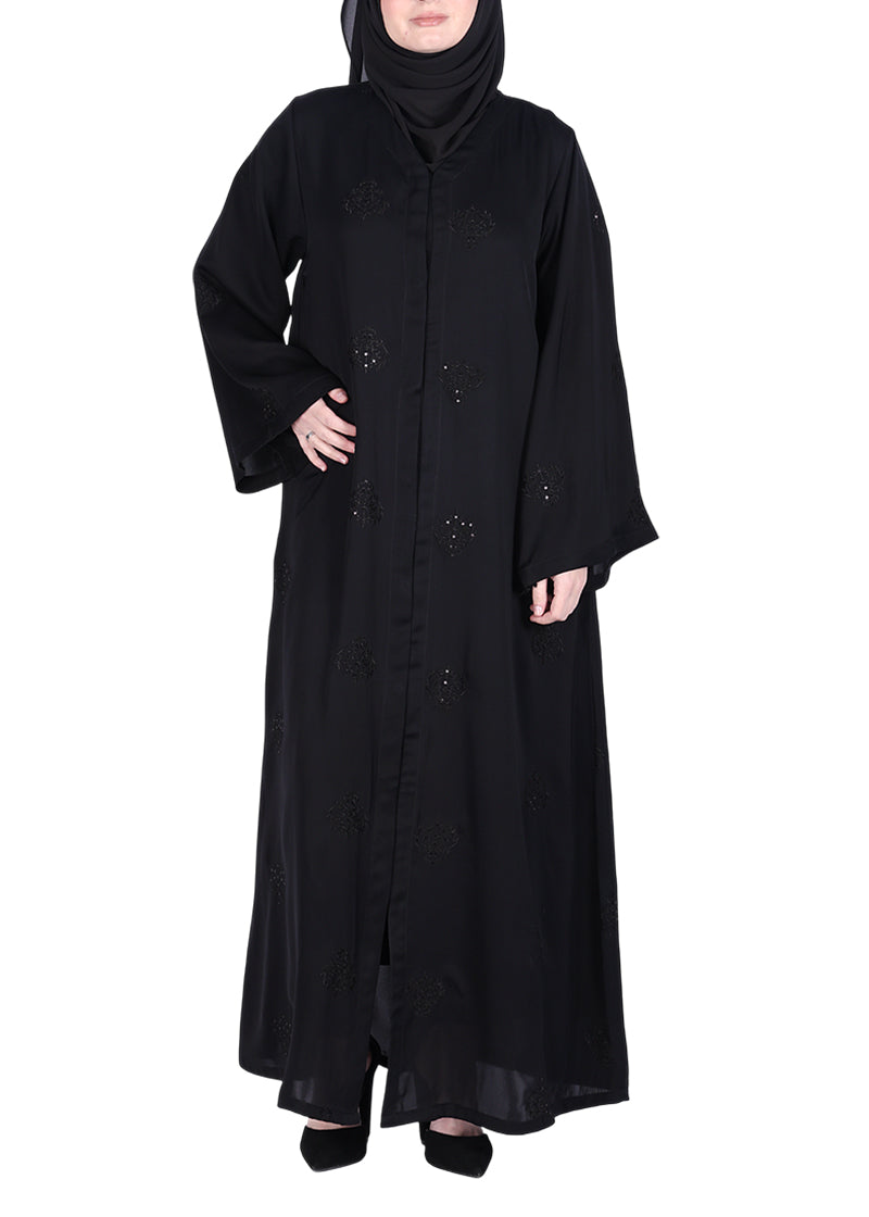 BeingMuslims Black Abaya with Dainty Medallion Sequin Motifs