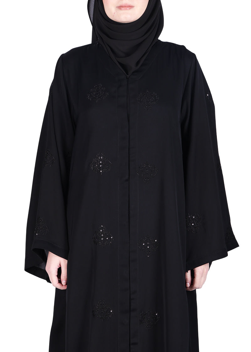 BeingMuslims Black Abaya with Dainty Medallion Sequin Motifs