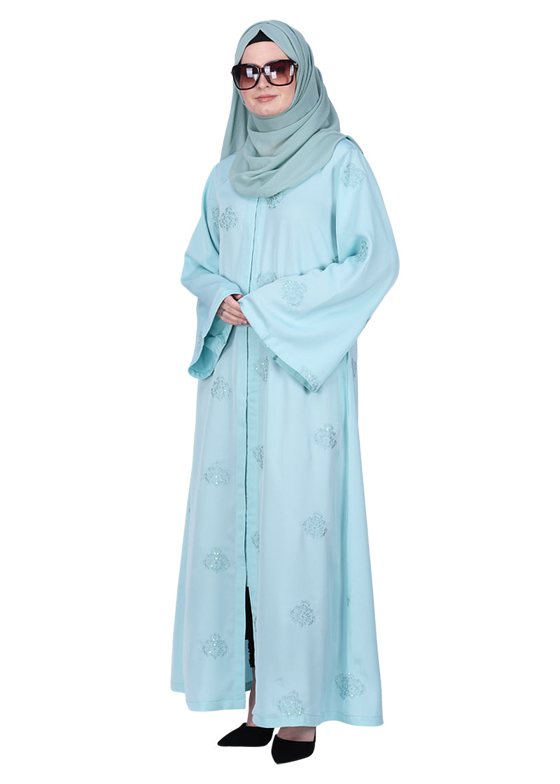 BeingMuslims Sea Green Abaya with Dainty Medallion Sequin Motifs