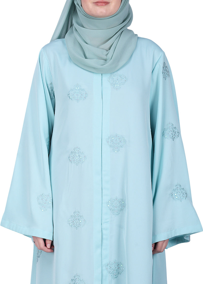 BeingMuslims Sea Green Abaya with Dainty Medallion Sequin Motifs