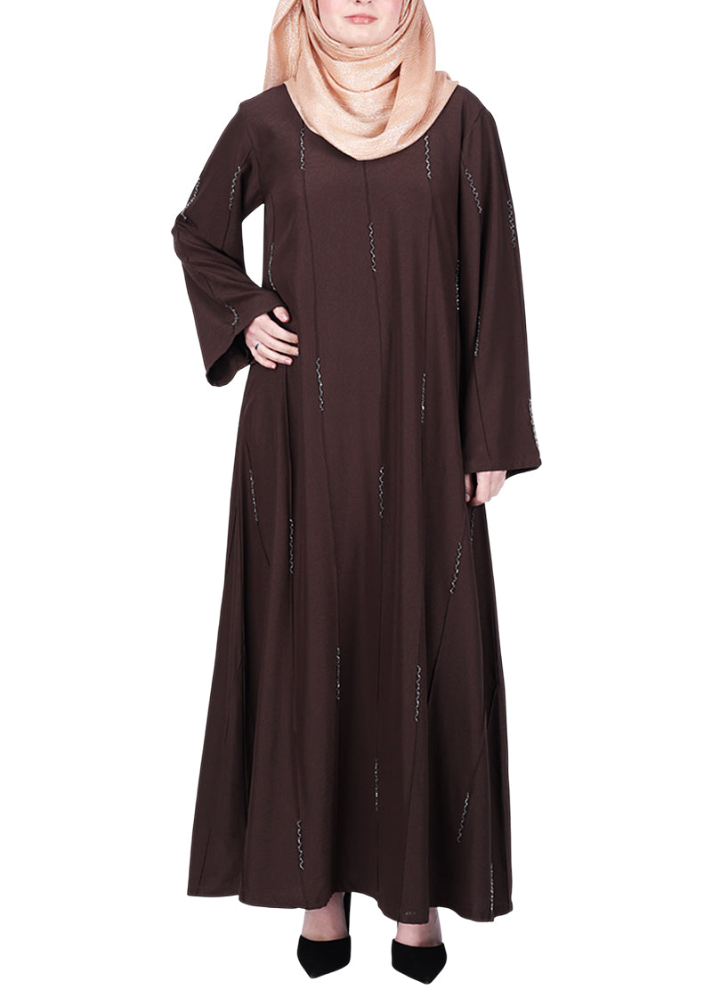 BeingMuslims Dark Brown Abaya with Vertical Piping with Hand Embroidery