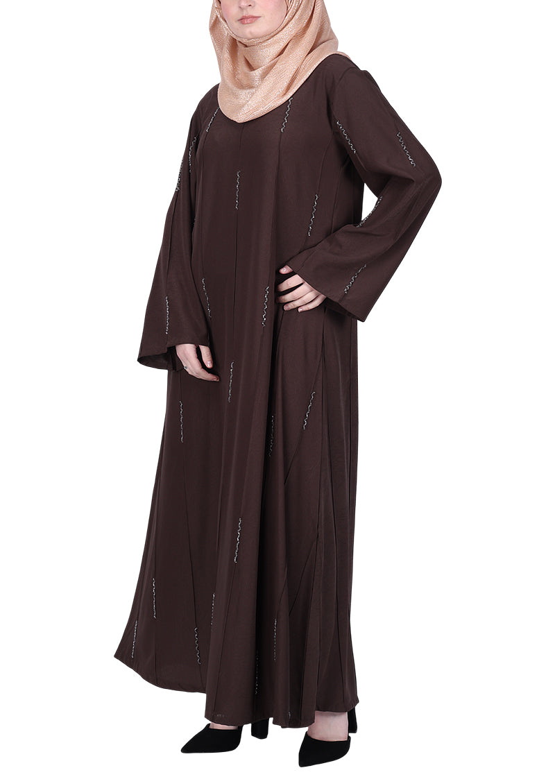 BeingMuslims Dark Brown Abaya with Vertical Piping with Hand Embroidery