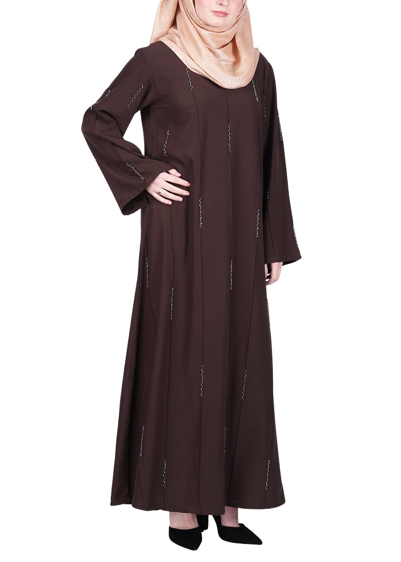 BeingMuslims Dark Brown Abaya with Vertical Piping with Hand Embroidery