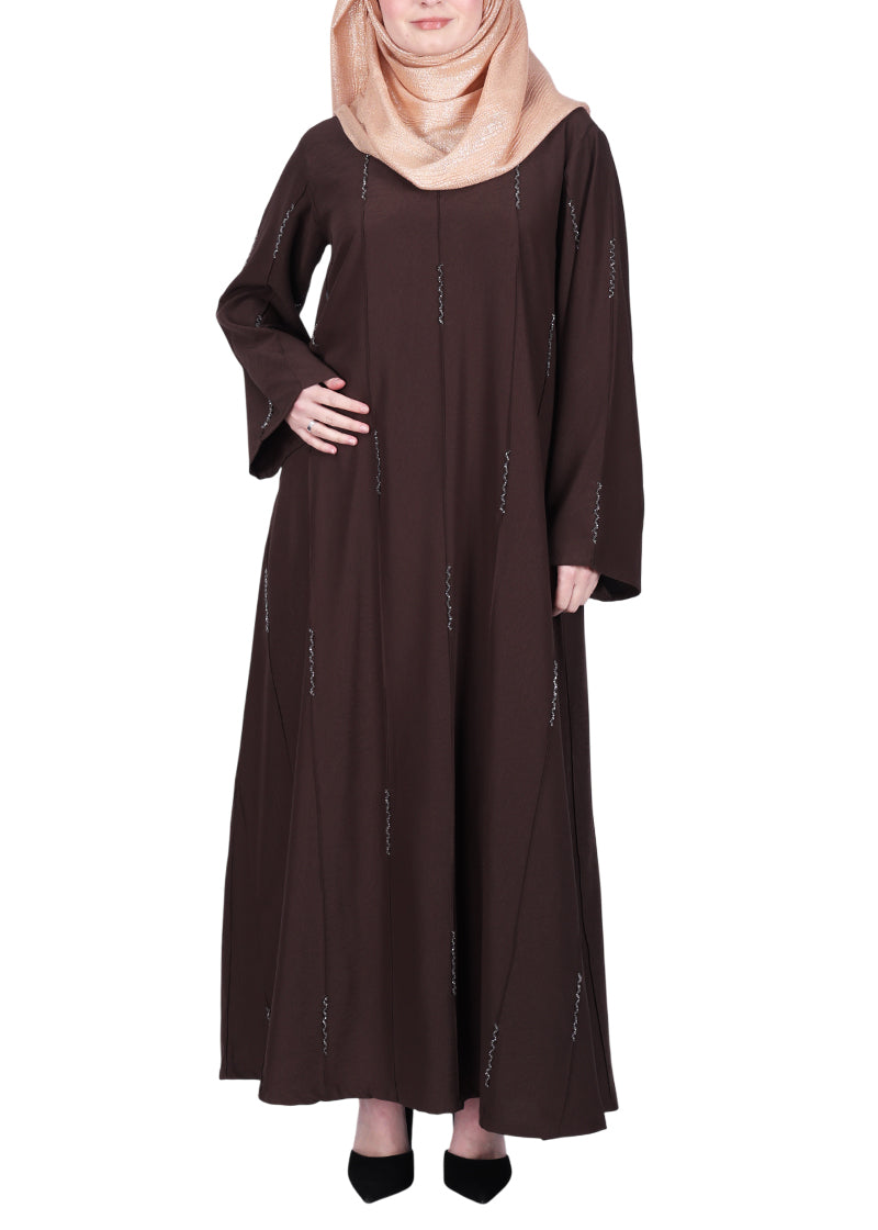 BeingMuslims Oak Brown Abaya with Vertical Piping with Hand Embroidery