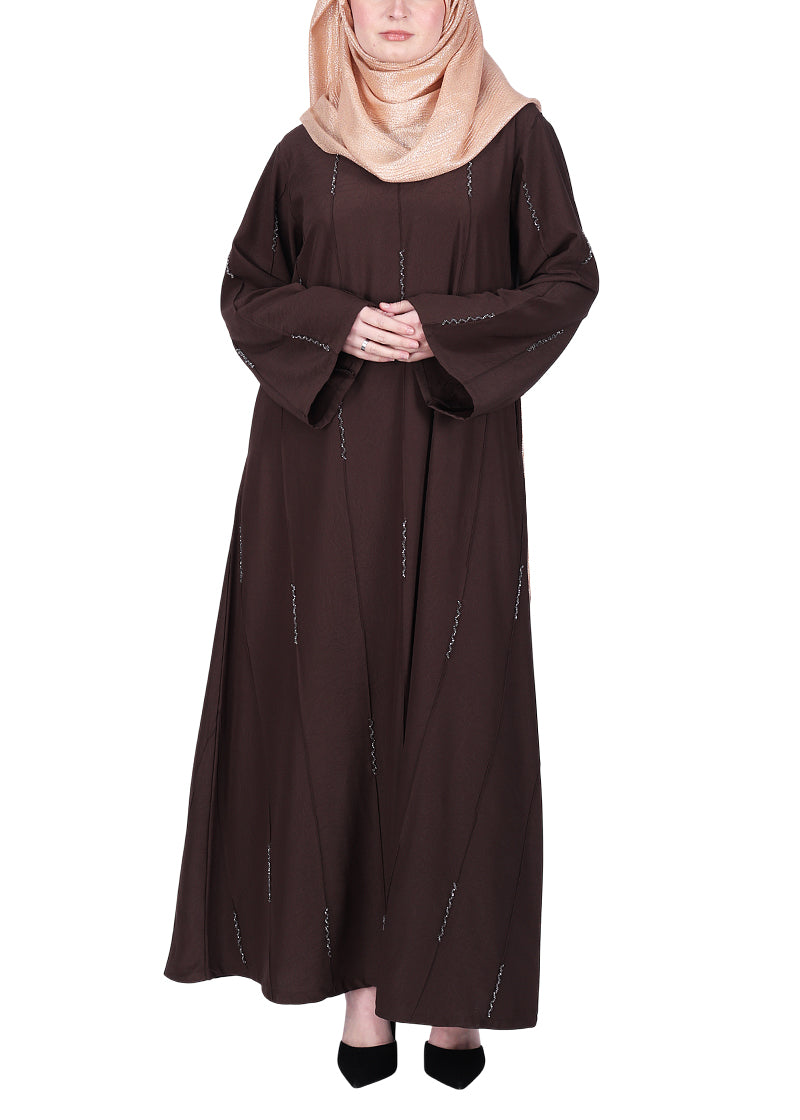 BeingMuslims Dark Brown Abaya with Vertical Piping with Hand Embroidery
