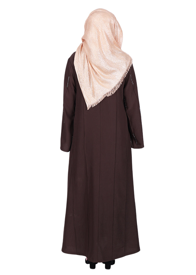 BeingMuslims Dark Brown Abaya with Vertical Piping with Hand Embroidery