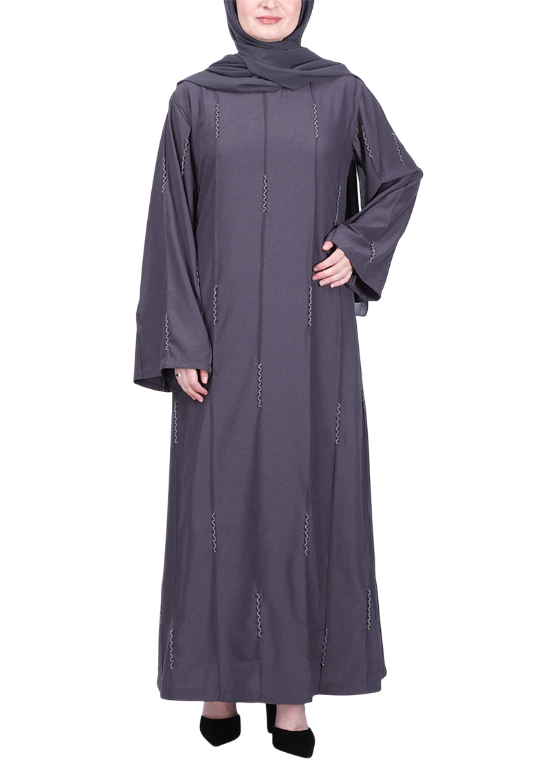 BeingMuslims Dark Grey Abaya with Vertical Piping with Hand Embroidery