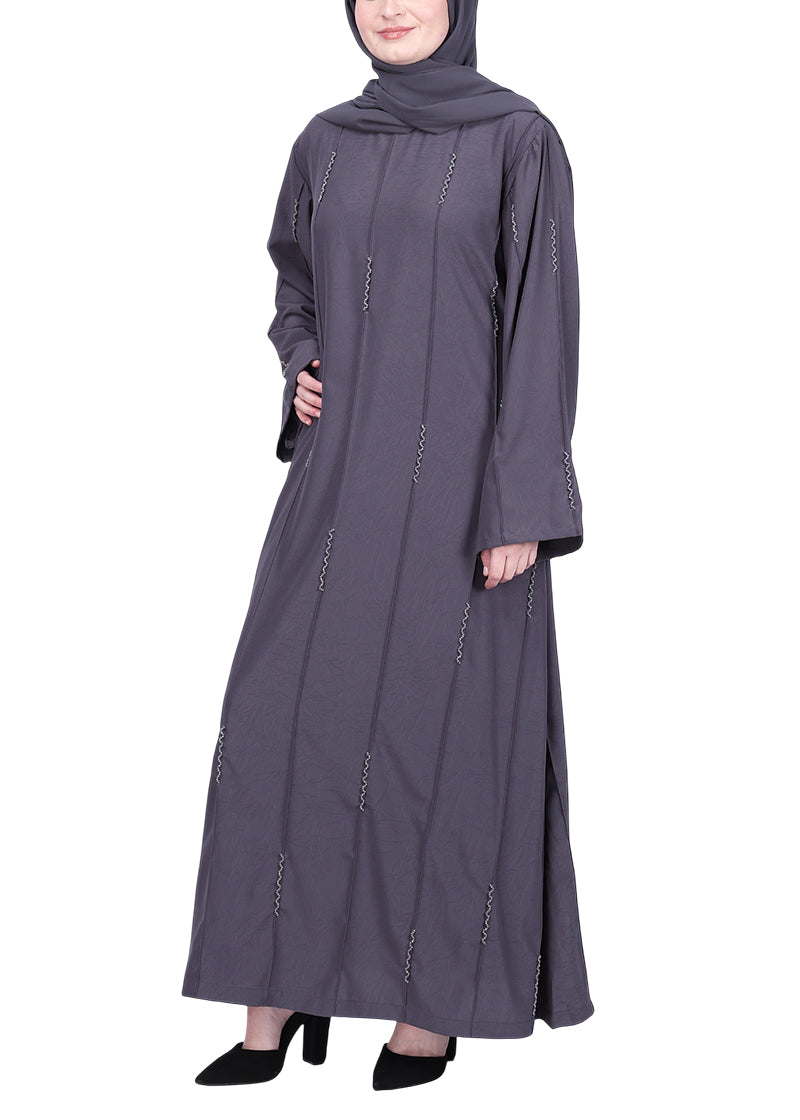BeingMuslims Dark Grey Abaya with Vertical Piping with Hand Embroidery