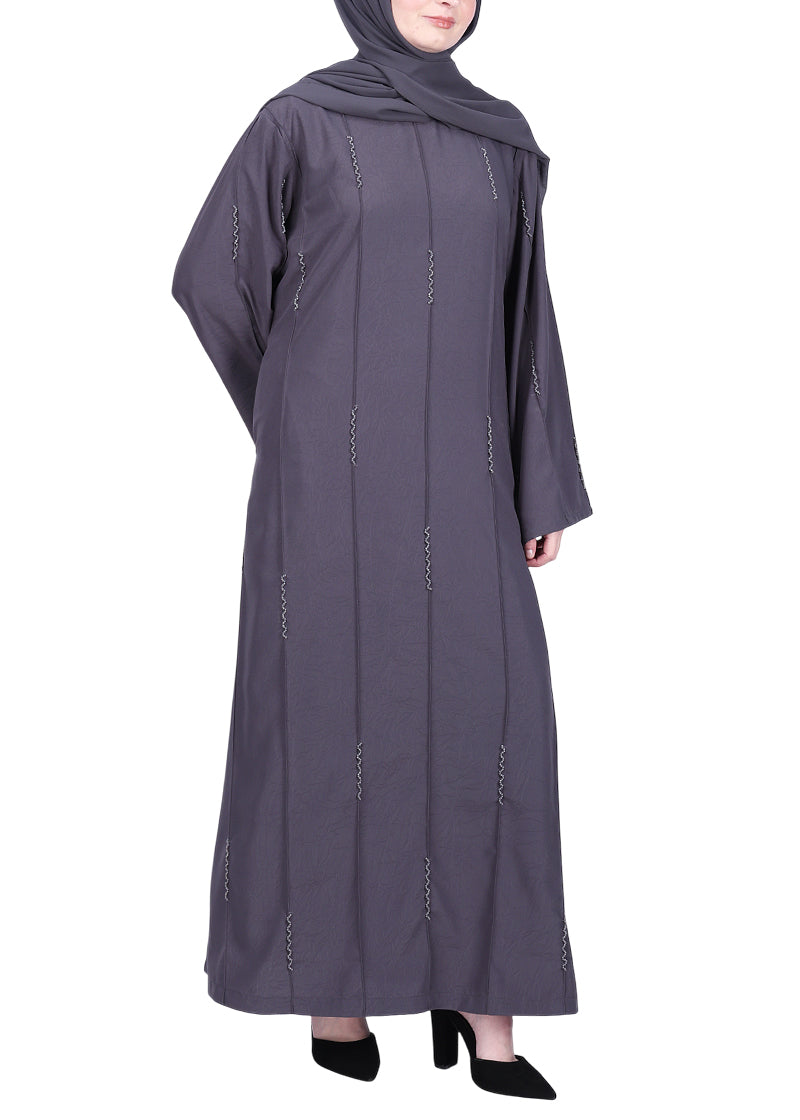 BeingMuslims Dark Grey Abaya with Vertical Piping with Hand Embroidery