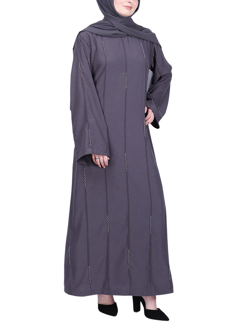 BeingMuslims Dark Grey Abaya with Vertical Piping with Hand Embroidery