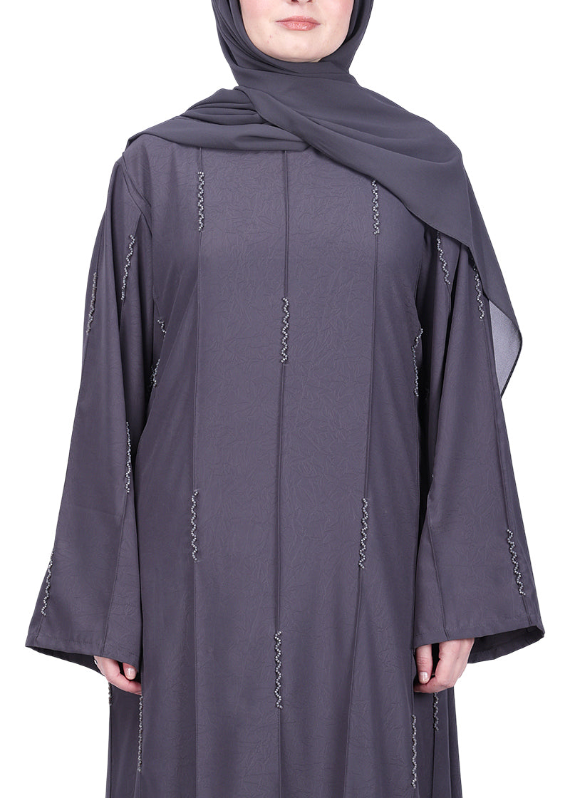BeingMuslims Dark Grey Abaya with Vertical Piping with Hand Embroidery