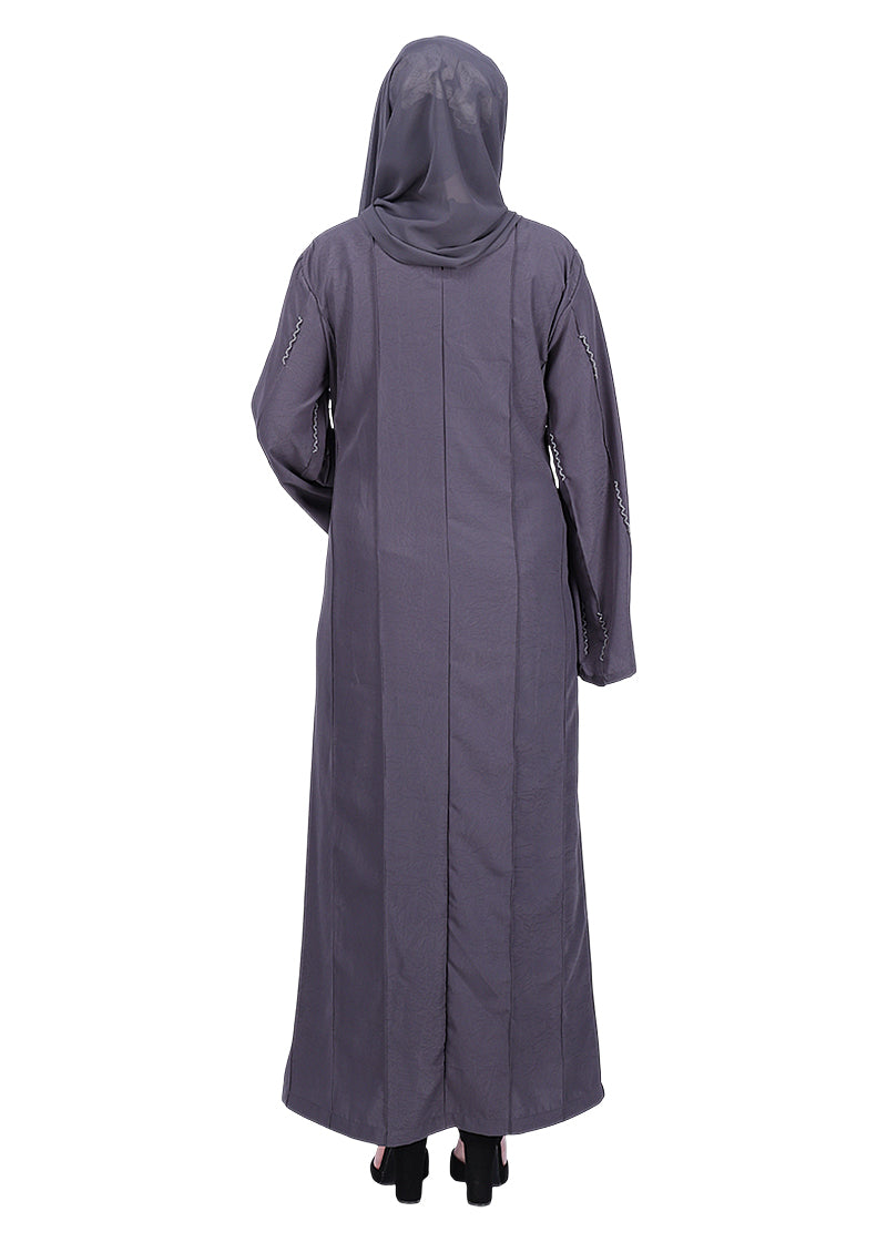 BeingMuslims Dark Grey Abaya with Vertical Piping with Hand Embroidery