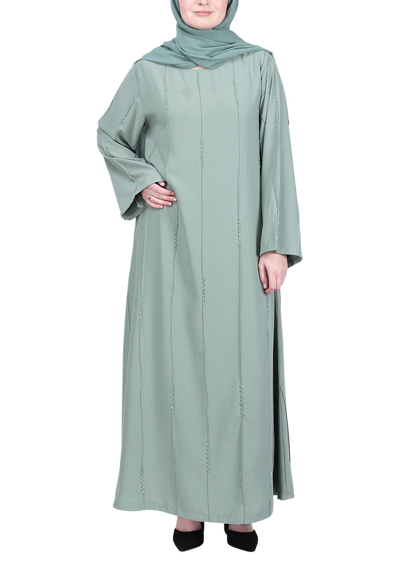 BeingMuslims Mint Abaya with Vertical Piping with Hand Embroidery