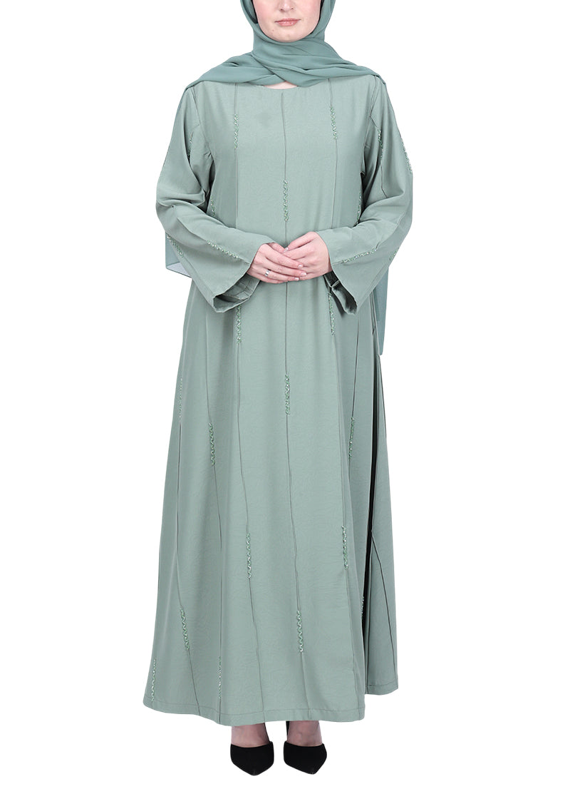 BeingMuslims Mint Abaya with Vertical Piping with Hand Embroidery
