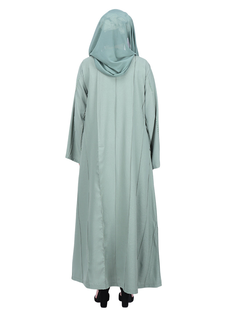 BeingMuslims Mint Abaya with Vertical Piping with Hand Embroidery