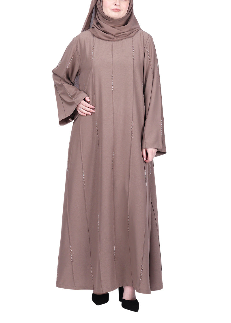 BeingMuslims Oak Brown Abaya with Vertical Piping with Hand Embroidery