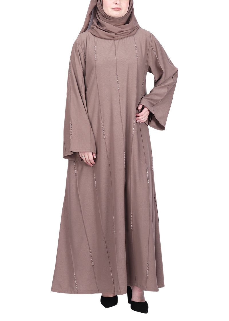 BeingMuslims Oak Brown Abaya with Vertical Piping with Hand Embroidery