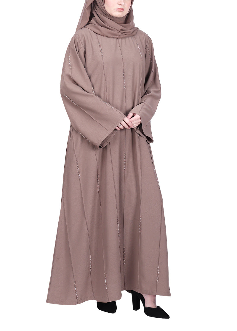 BeingMuslims Oak Brown Abaya with Vertical Piping with Hand Embroidery